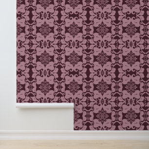 Burgundy & Pink Ornate Scroll Leaf Pattern Wallpaper