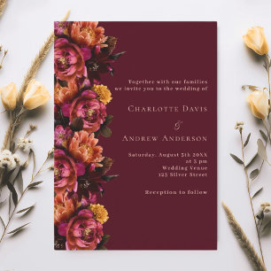Burgundy pink peach floral wedding invitation
