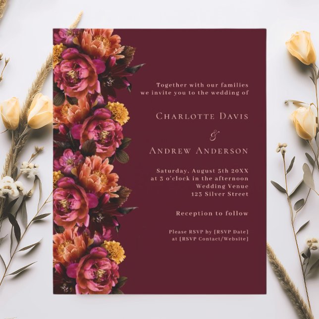 Burgundy pink peach floral wedding RSVP invitation (Creator Uploaded)