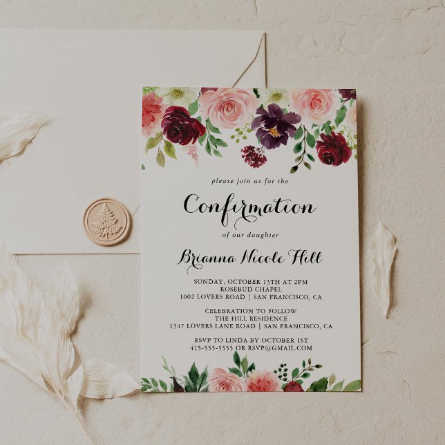 Burgundy Pink Purple Spring Floral  Confirmation Invitation (Creator Uploaded)