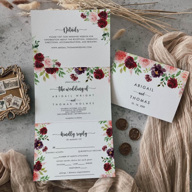 Burgundy Pink Purple Spring Floral Wedding of Tri-Fold Invitation (Creator Uploaded)
