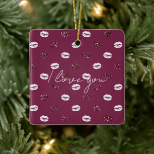 Burgundy Pink Red Glitter White Kisses Lips     Ceramic Ornament