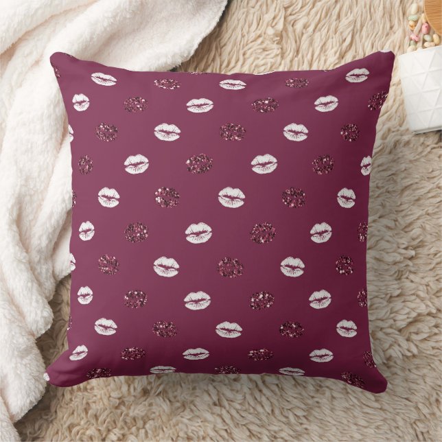 Burgundy Pink Red Glitter White Kisses Lips  Cushion (Blanket)