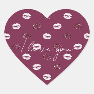 Burgundy Pink Red Glitter White Kisses Lips     Heart Sticker