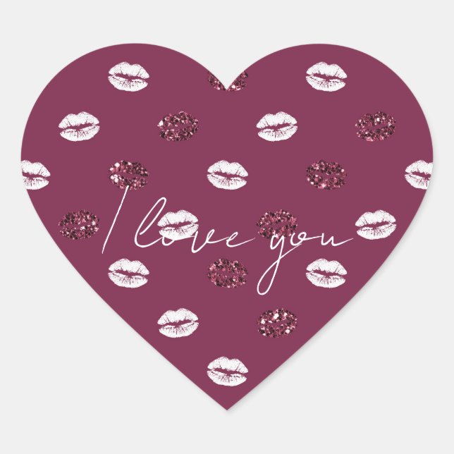 Burgundy Pink Red Glitter White Kisses Lips     Heart Sticker (Front)