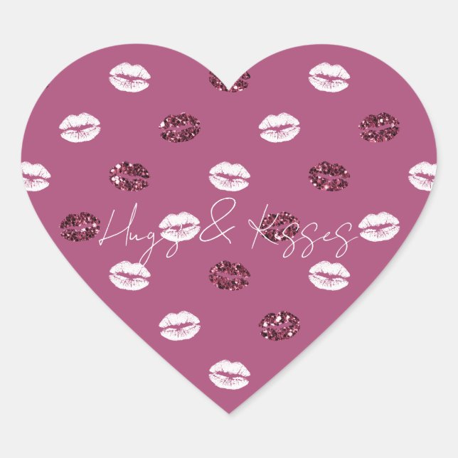 Burgundy Pink Red Glitter White Kisses Lips   Heart Sticker (Front)