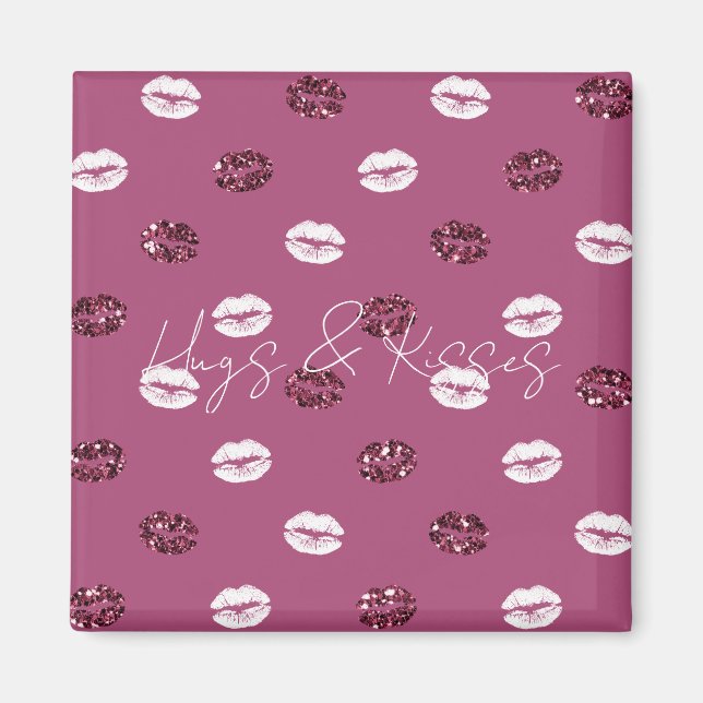 Burgundy Pink Red Glitter White Kisses Lips  Magnet (Front)