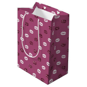 Burgundy Pink Red Glitter White Kisses Lips Medium Gift Bag