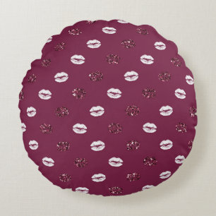 Burgundy Pink Red Glitter White Kisses Lips Round Cushion