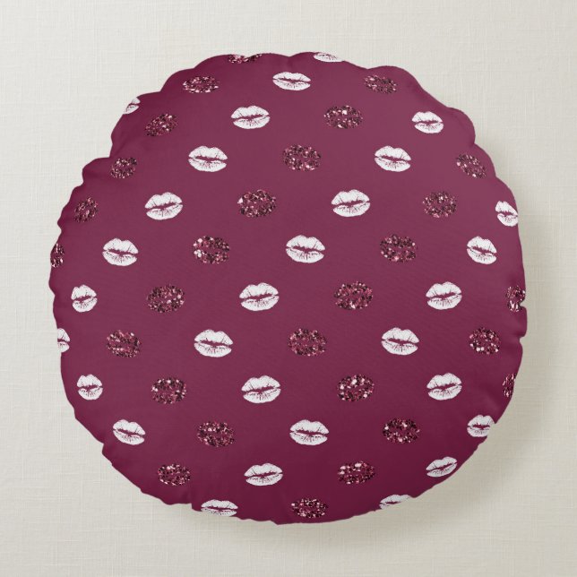 Burgundy Pink Red Glitter White Kisses Lips   Round Cushion (Front)