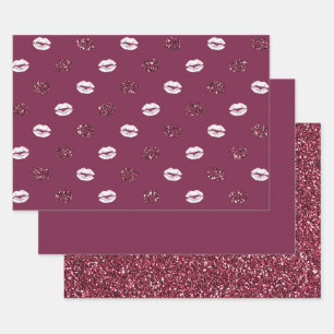 Burgundy Pink Red Glitter White Kisses Lips Wrapping Paper Sheet
