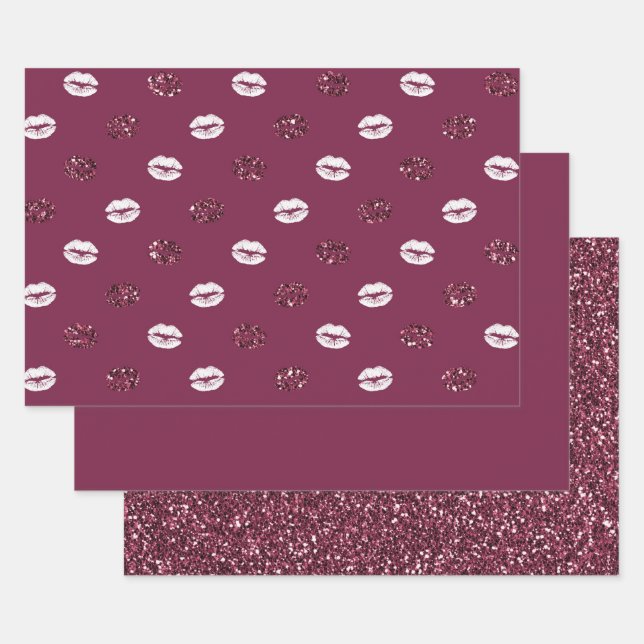 Burgundy Pink Red Glitter White Kisses Lips     Wrapping Paper Sheet (Set)