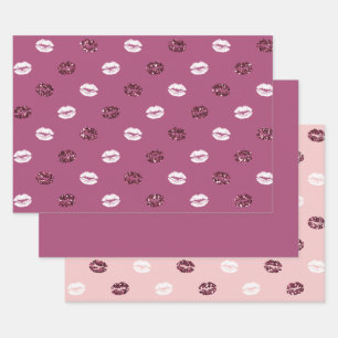 Burgundy Pink Red Glitter White Kisses Lips Wrapping Paper Sheet