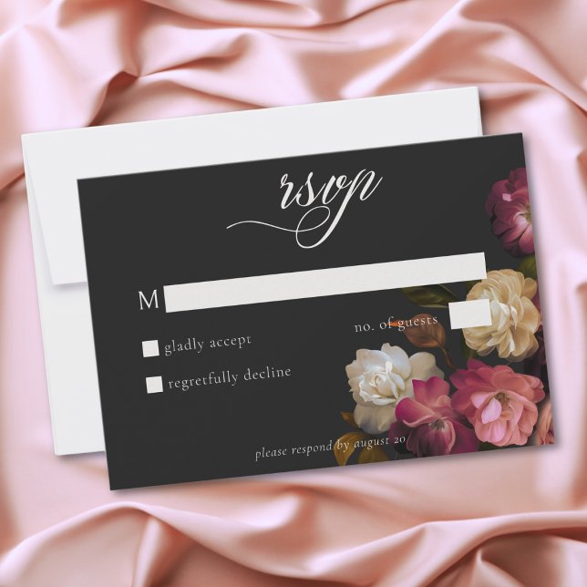 Burgundy & Pink Romantic Rose Black Moody Wedding RSVP Card (Burgundy & Pink Romantic Rose Black Moody Wedding RSVP Card)