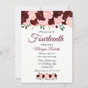 Burgundy Pink Rose 14th Birthday Party Invite