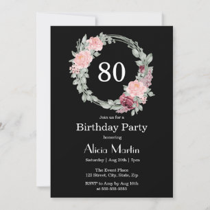 Burgundy Pink Rose Elegant Flora 80th Birthday Invitation