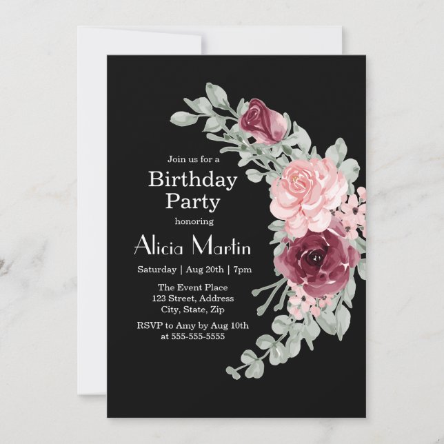 Burgundy Pink Rose Elegant Flora Birthday Party Invitation (Front)