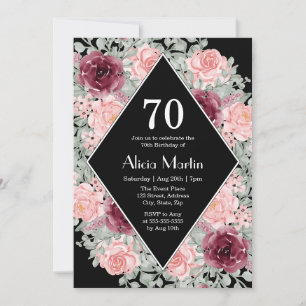 Burgundy Pink Rose Flora Black 70th Birthday Invitation