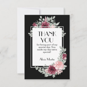 Burgundy Pink Rose Flora Black Thank You Card