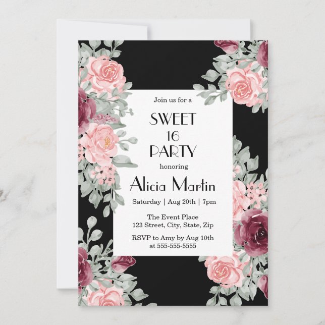 Burgundy Pink Rose Flora Sweet 16 Black Birthday Invitation (Front)