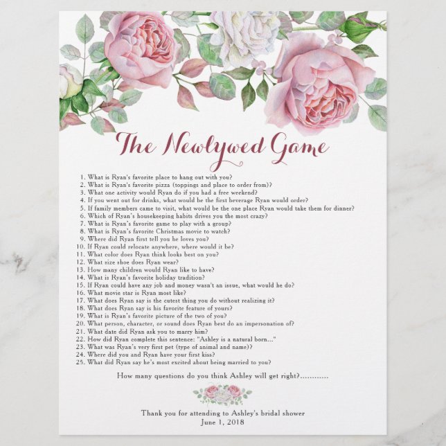 Burgundy Pink Rose Floral Bridal Shower Games Flyer (Front)