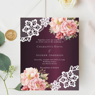 Burgundy pink rose floral lace wedding invitation
