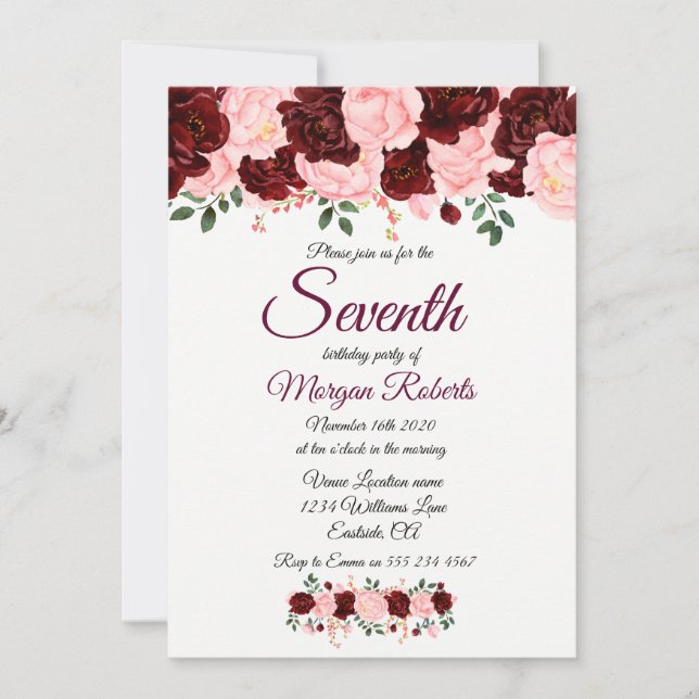 Burgundy Pink Rose Girls 7th Birthday Party Invite (Front)