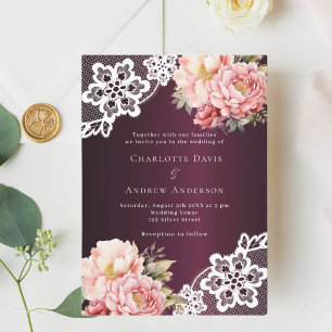 Burgundy pink rose gold floral lace luxury wedding invitation