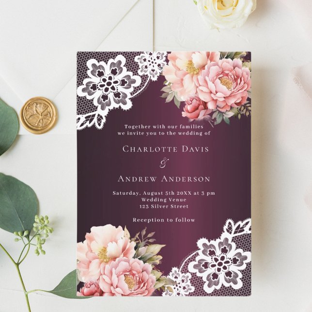 Burgundy pink rose gold floral lace wedding invitation (Creator Uploaded)