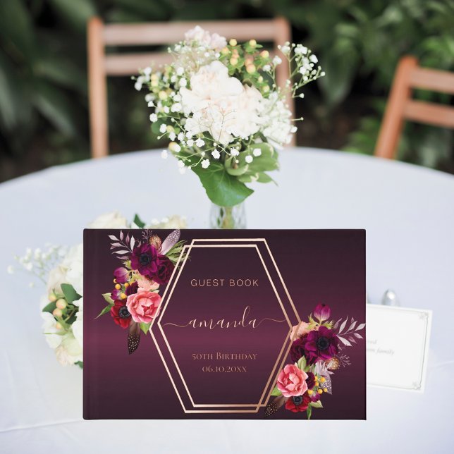 Burgundy pink rose gold geometric florals Birthday Guest Book (Creator Uploaded)
