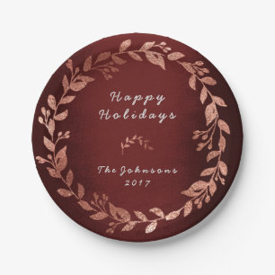 Burgundy Pink Rose Gold Grey Christmas Paper Plate