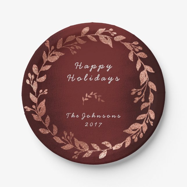 Burgundy Pink Rose Gold Grey Christmas Paper Plate (Front)