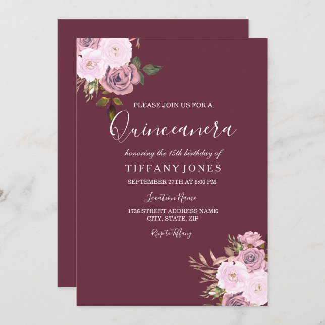 Burgundy Pink & Rose Gold Quinceanera Invitation (Front/Back)