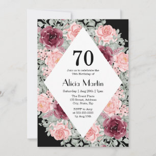Burgundy Pink Rose Greenery 70th Birthday Invitation