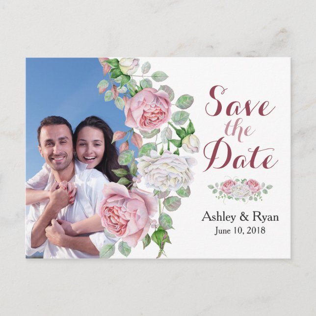 Burgundy Pink Rose Photo Wedding Save the Date Announcement Postcard (Front)