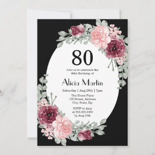 Burgundy Pink Roses 80th Birthday Black Invitation
