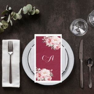 Burgundy pink roses florals monogram birthday napkin