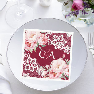 Burgundy pink roses florals monogram wedding napkin