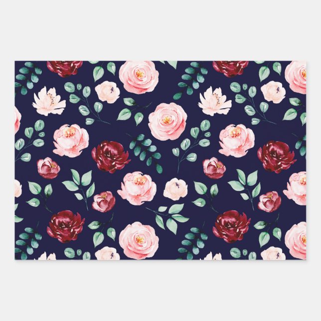 Burgundy Pink Roses Paper Flat Sheet Set of 3 (Front)