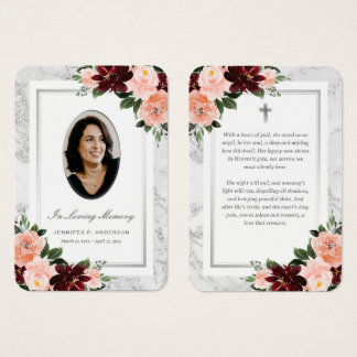 Burgundy Pink Silver Floral Photo Memorial Cards