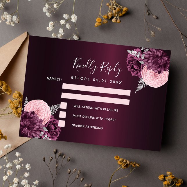 Burgundy pink silver floral wedding RSVP Card (Creator Uploaded)
