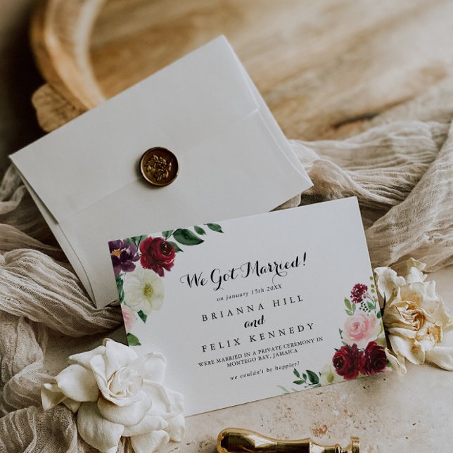 Burgundy Pink Spring Floral Calligraphy Elopement Announcement (Creator Uploaded)