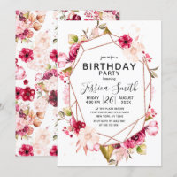 Burgundy Pink Terrarium Birthday Party Invitation
