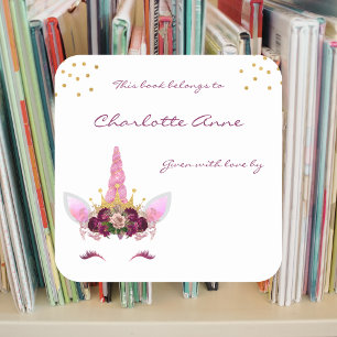 Burgundy Pink unicorn girl bookplate Square Sticker