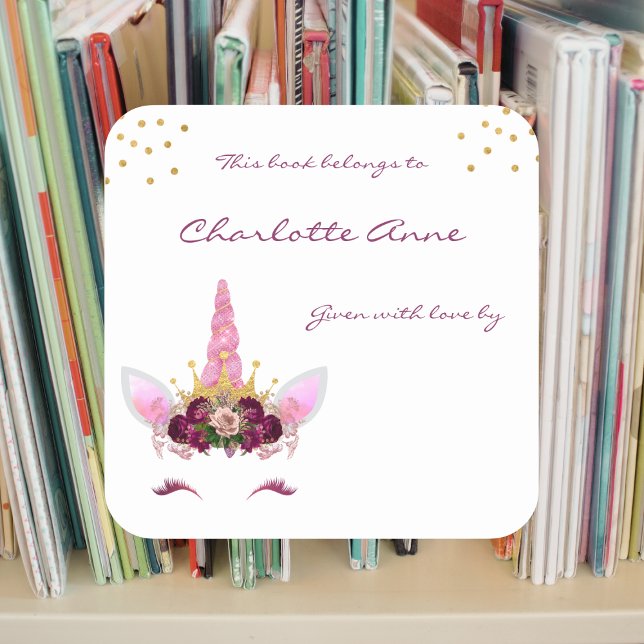 Burgundy Pink unicorn girl bookplate Square Sticker (Creator Uploaded)