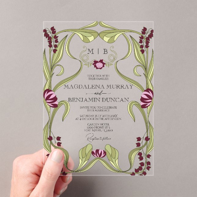 Burgundy Pink Vintage Art Nouveau Floral Wedding Acrylic Invitations (Insitu (Handheld))