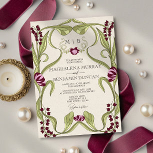 Burgundy Pink Vintage Art Nouveau Floral Wedding Invitation