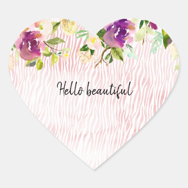 Burgundy Pink Watercolor Floral Animal Print Heart Sticker (Front)