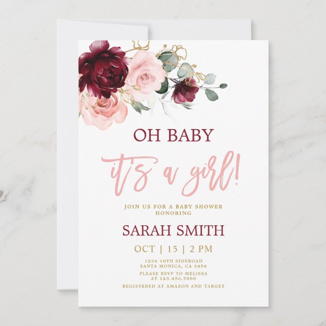 Burgundy pink watercolor floral Baby Shower girl Invitation (Front)