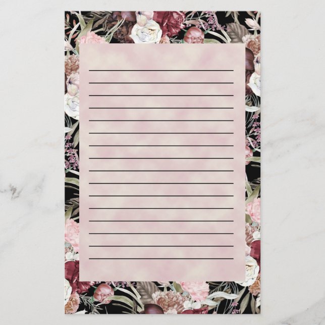 Burgundy Pink Watercolor Floral Black Lined Stationery (Front)
